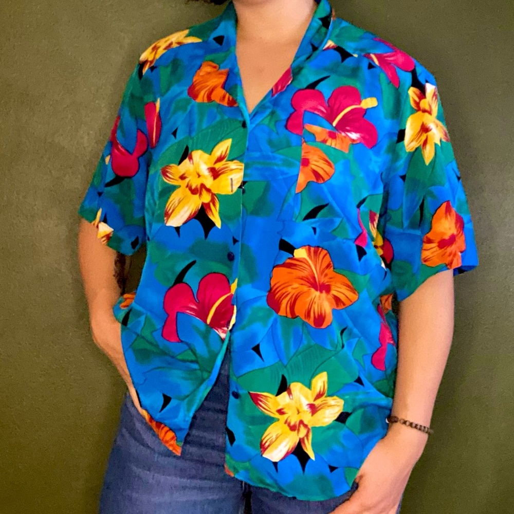 Vintage Tan Jay Blue Tropical Button Down Shirt